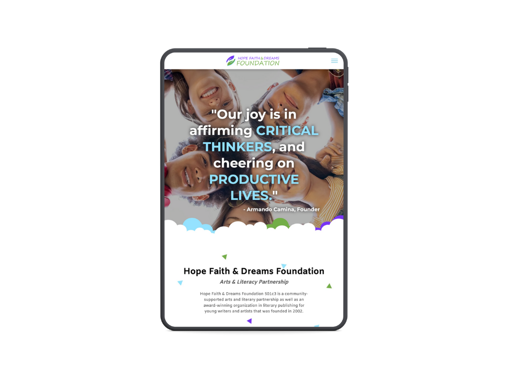 A tablet with a website on it that says `` our joy is in affirming critical thinking and cheering on productive lives ''.