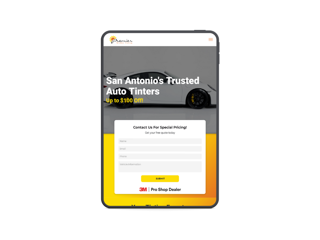 A tablet with a landing page for san antonio 's trusted auto tinters on it.