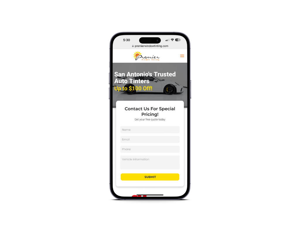 A cell phone is displaying a landing page for a car tinting company.