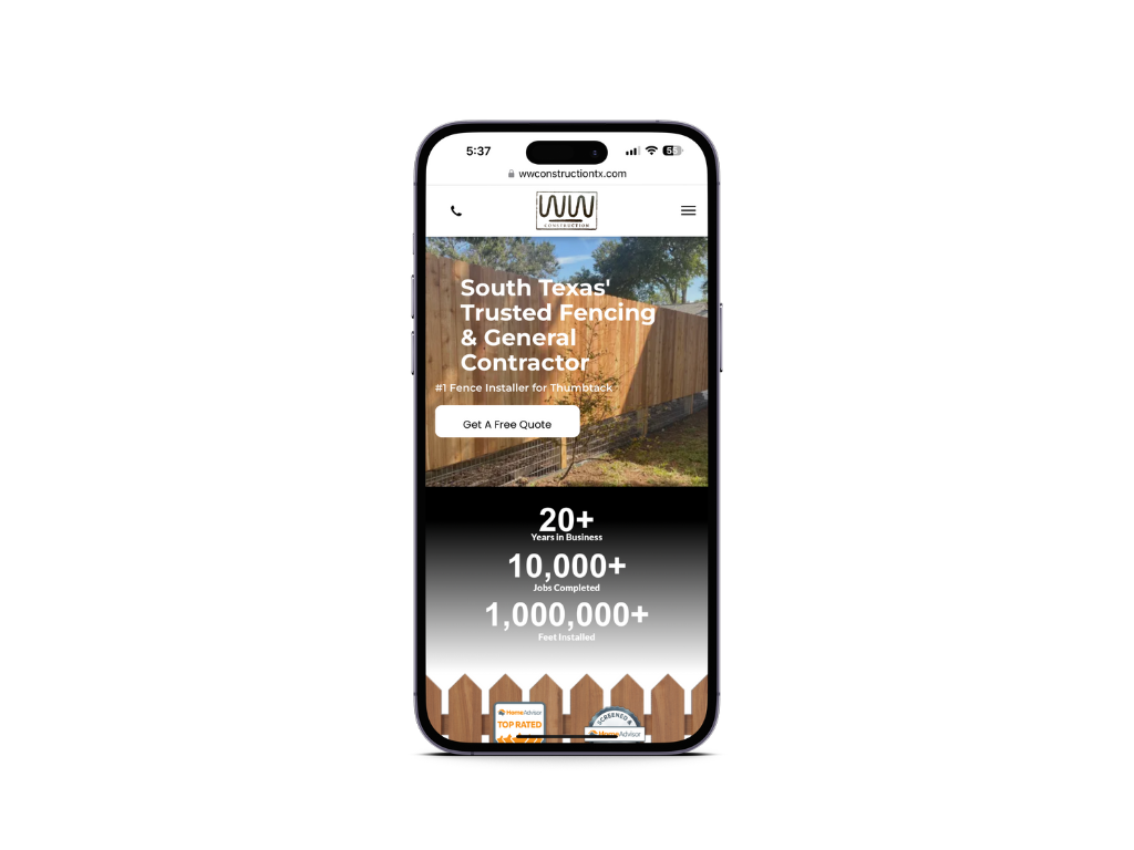 A cell phone is displaying a website for a fence company.