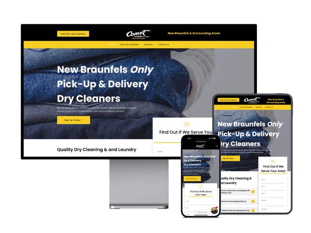 A computer , tablet , and cell phone displaying a website for new braunfels only pick-up and delivery dry cleaners.