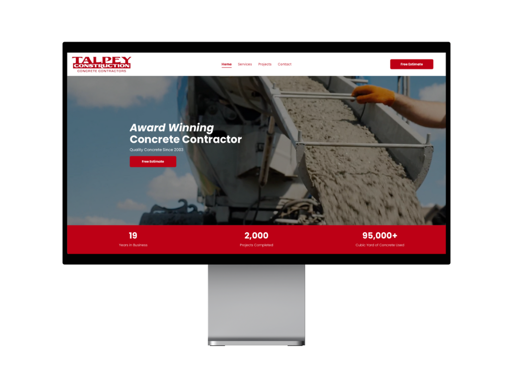 A computer monitor displaying a website for a concrete contractor.