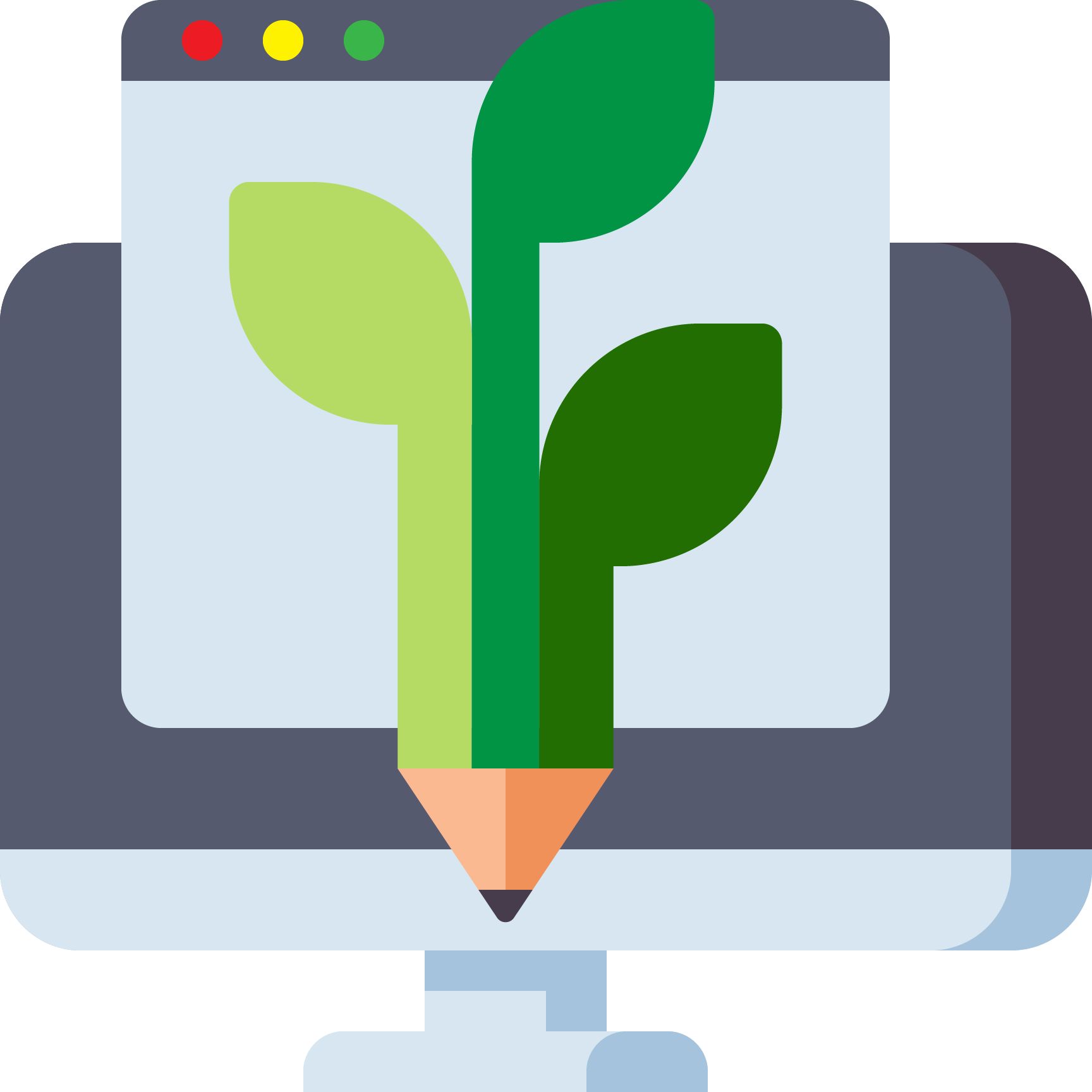 A computer monitor with a pencil in the shape of a plant.