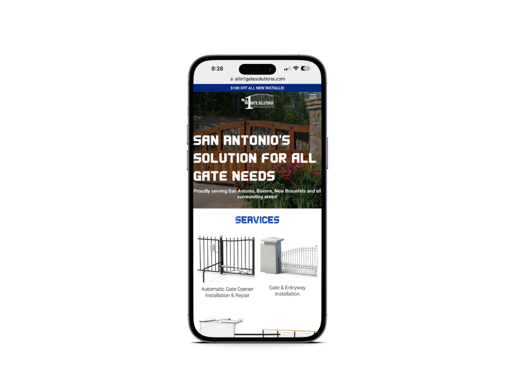 A cell phone is displaying a website for san antonio 's solution for all gate needs.