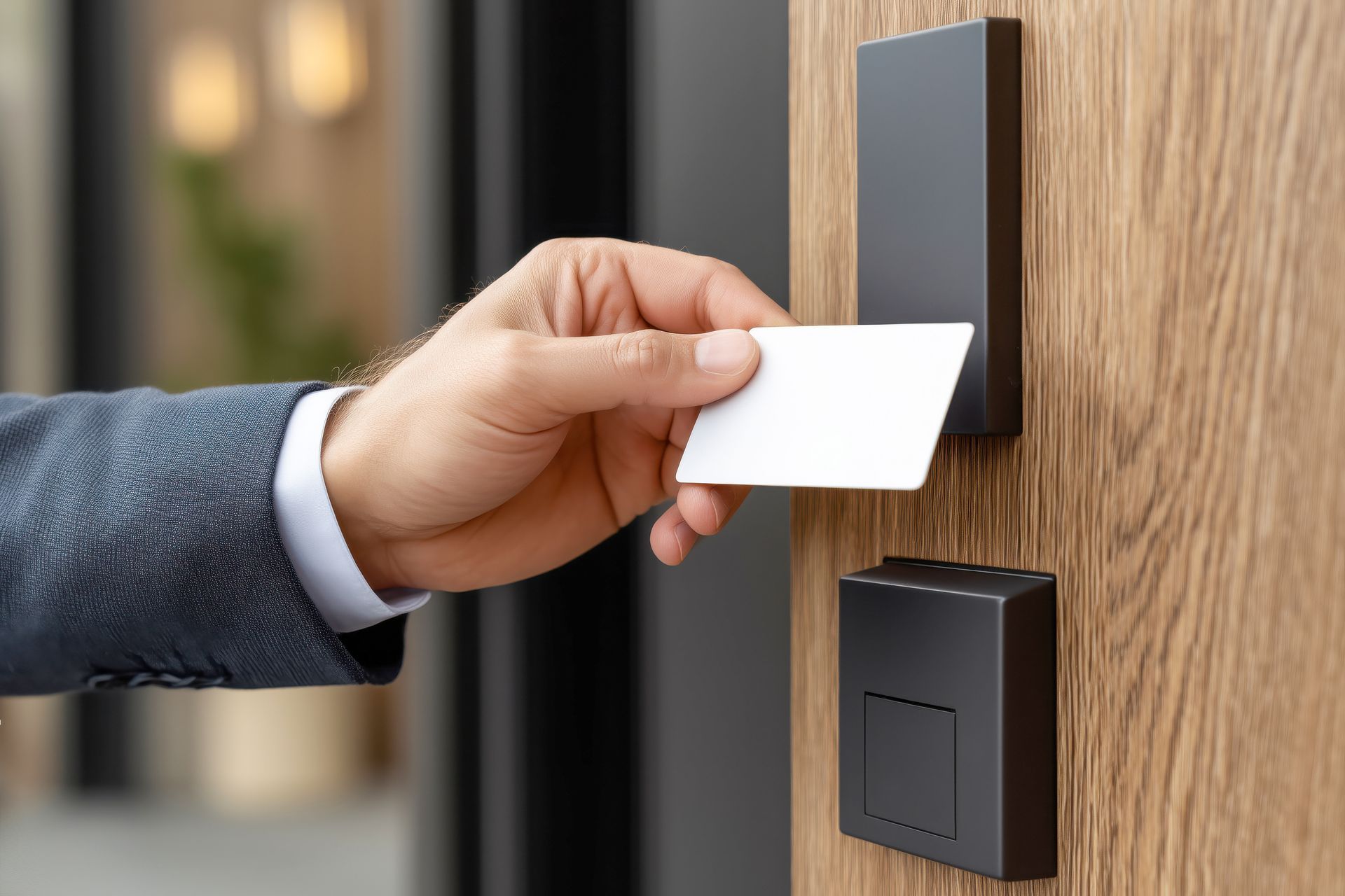 Person in suit uses white card to unlock door with black card reader. Person in suit uses white card to unlock door with black card reader.