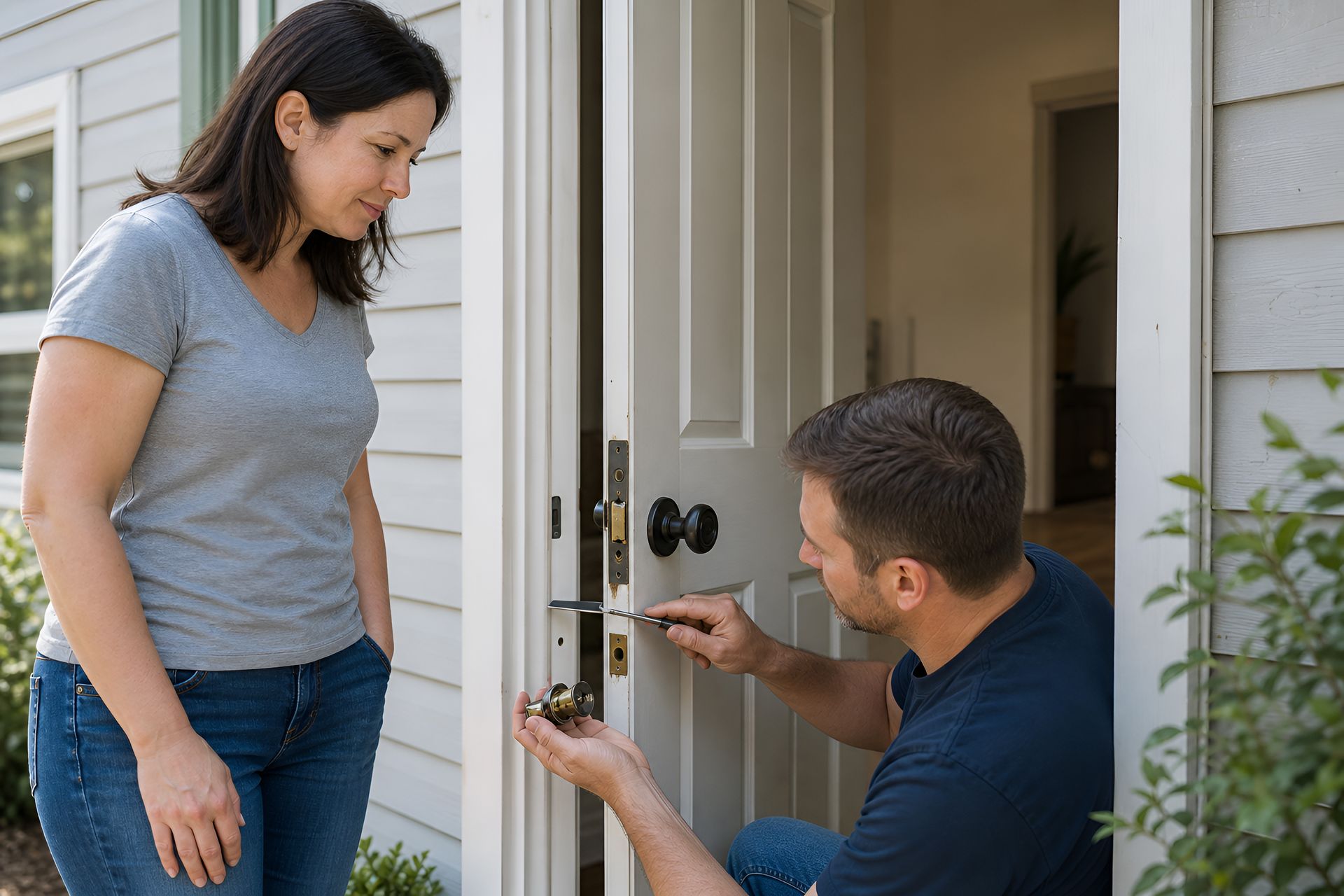 Locksmith repairing a broken exterior door lock while a homeowner watches