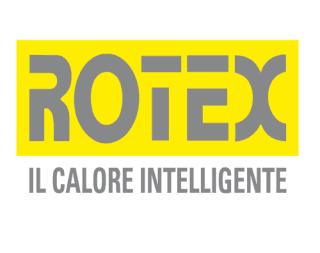 A yellow and gray logo for rotex il calore intelligente