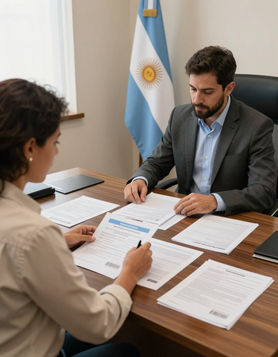 Persona revisando documentación de regularización con un asesor