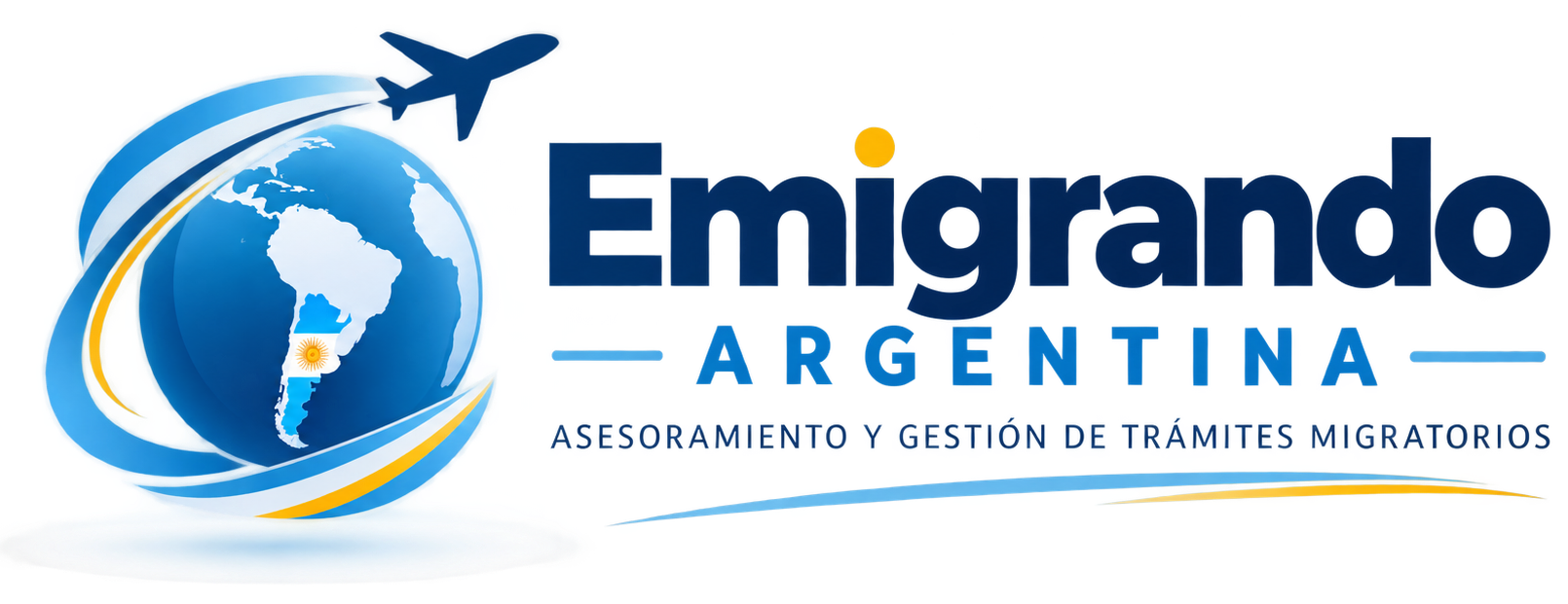 Logotipo de Emigrando Argentina con globo terráqueo azul, avión y eslogan con acento naranja para servicios de inmigración.