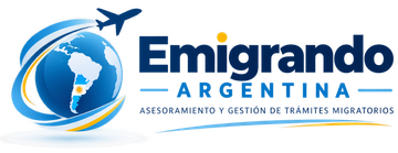 Logotipo de Emigrando Argentina con globo terráqueo azul, avión y eslogan para consultoría migratoria.