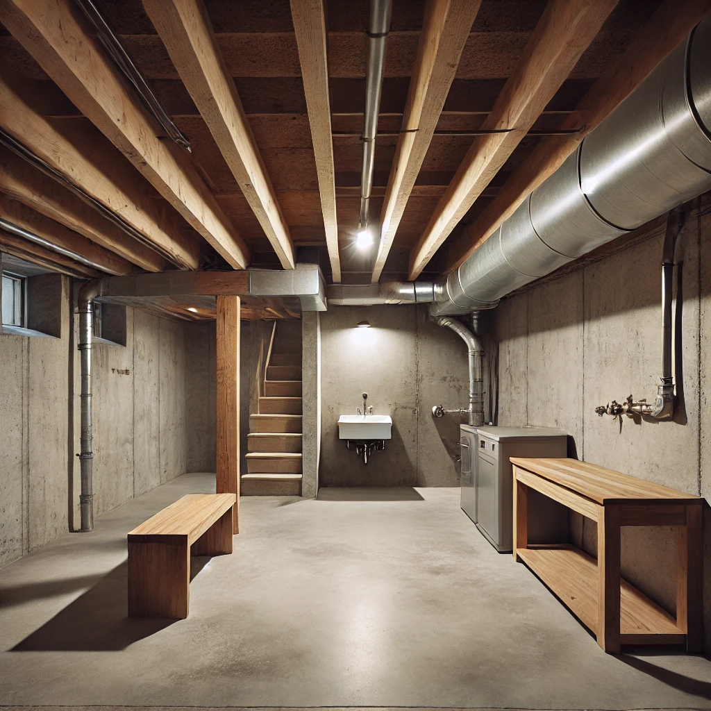 Basement with concrete walls, exposed wood beams, utility pipes, stairs, bench, and laundry area.