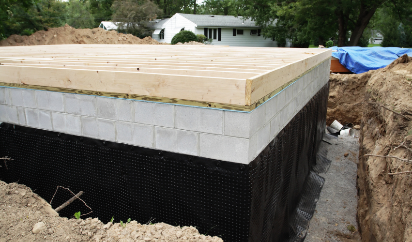 Foundation construction; concrete block wall, black drainage membrane, and wood platform, in a dug-out area, outdoors.