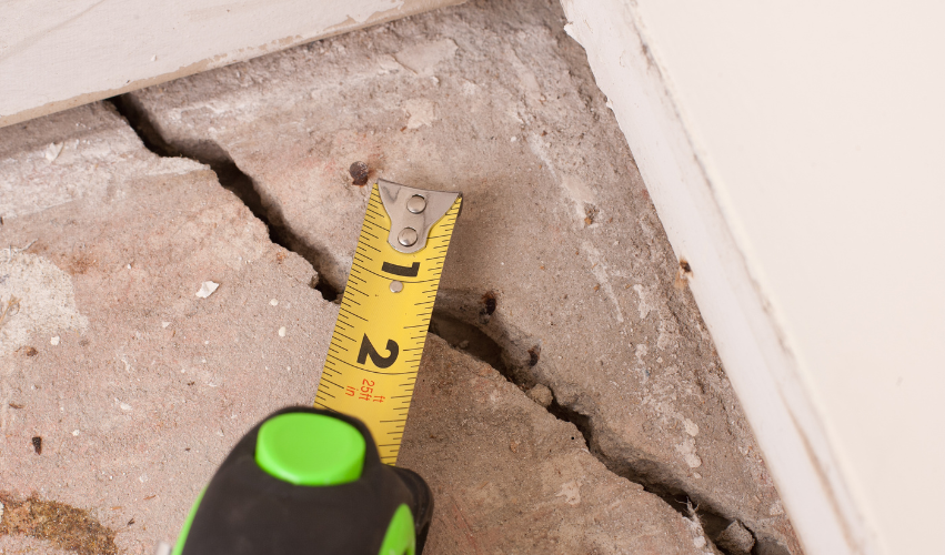 A tape measure measuring a crack in a concrete floor.