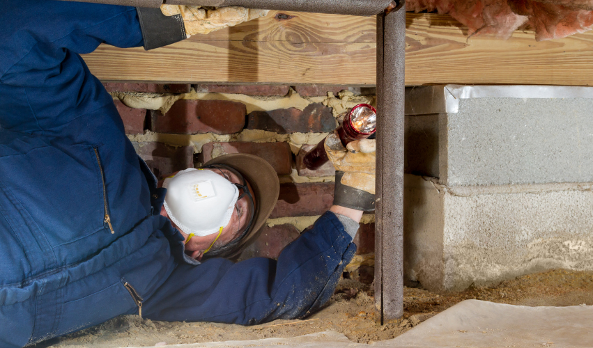 Person inspecting a crawl space with a flashlight, looking at brick wall, pipes, and wood beams.