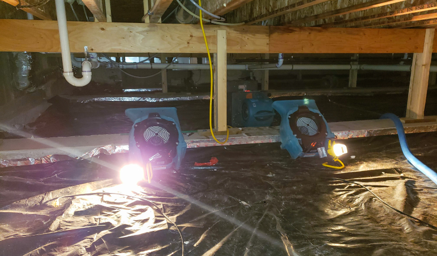 Two large blue dehumidifiers with spotlights in a crawlspace, drying moisture. Black plastic covers the ground.