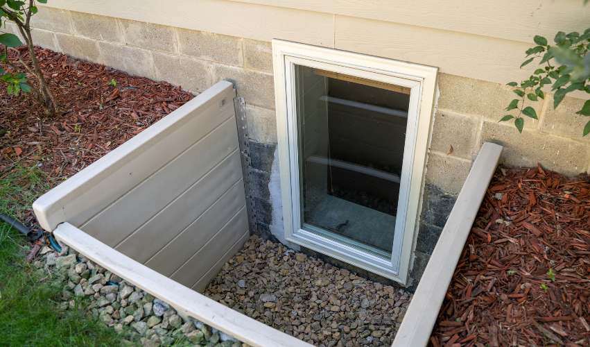 Window well with gravel, wood siding, and mulch near a building's concrete foundation.
