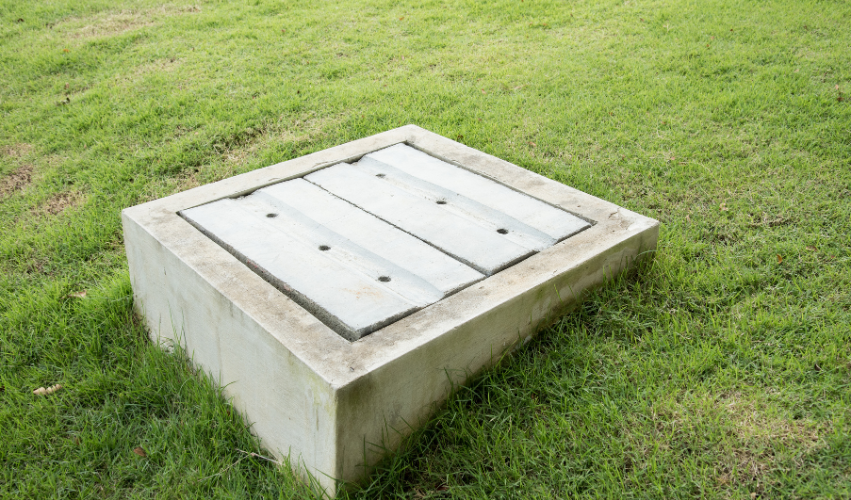 Concrete rectangular box with a gray metal lid on green grass.
