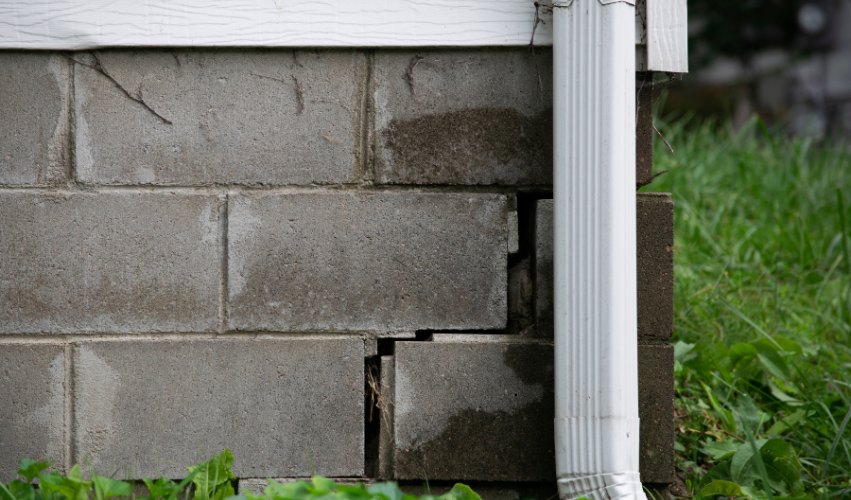 Cracked concrete block foundation of a building with a white gutter and green grass.