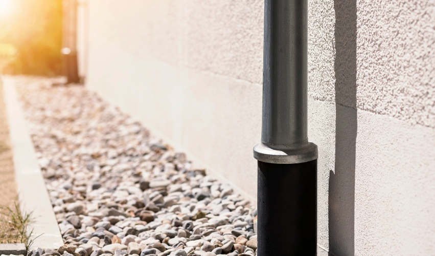Gutter downspout next to a textured white wall, gravel bed below. Sunlight.