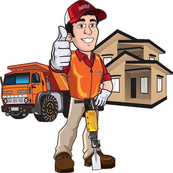 Construction worker with a jackhammer giving a thumbs-up, next to a truck and house.