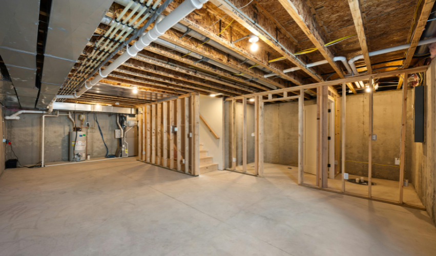 Unfinished basement with exposed wooden framing, concrete floor, pipes, and electrical wiring.