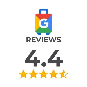 Google Reviews badge showing a 4.4-star rating with yellow stars and a Google suitcase icon