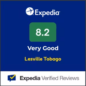 Expedia Verified Reviews badge showing 8.2 rating for Lesville Tobago, labeled Very Good