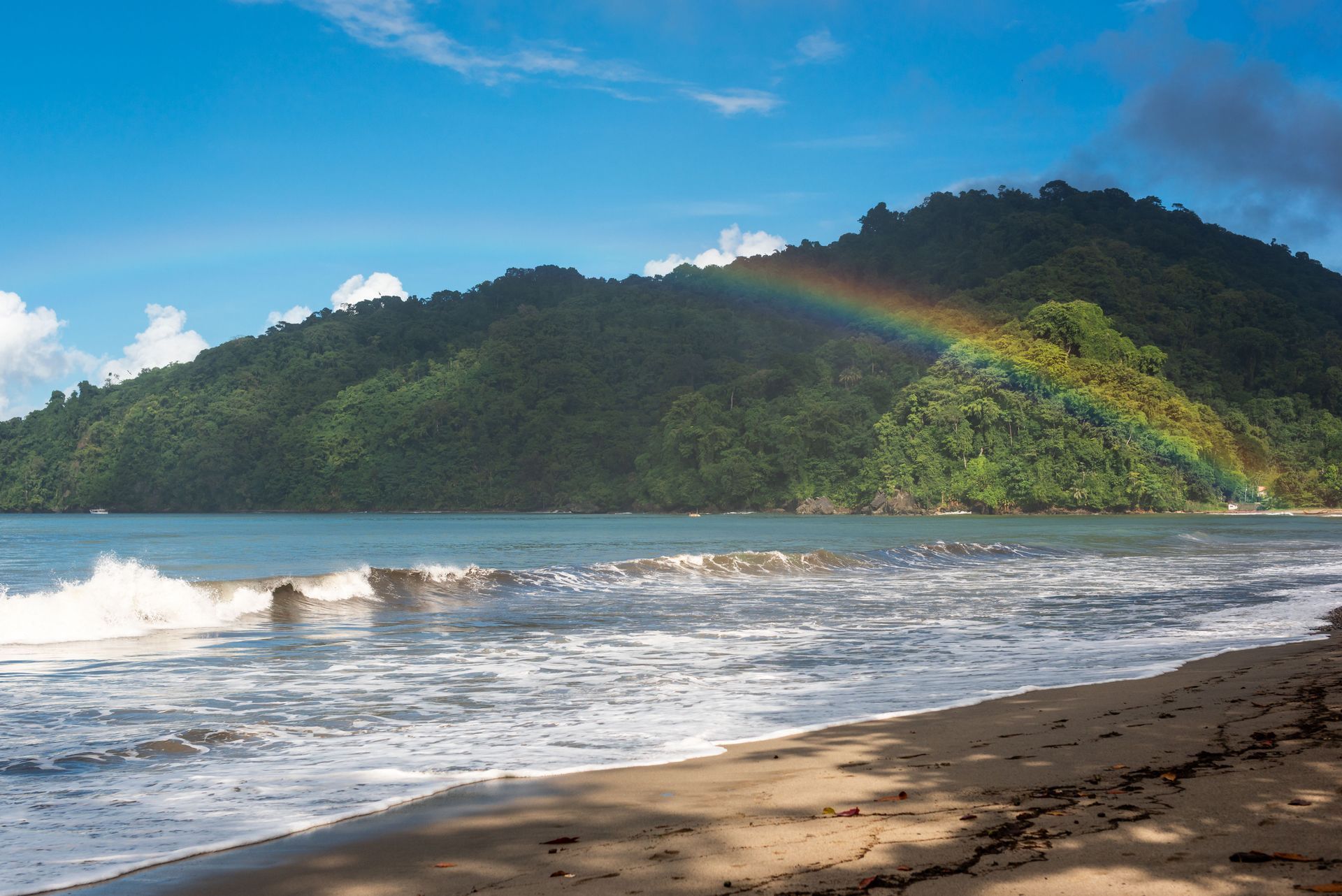 Sunny tropical beach with waves, forested hill, and a rainbow arcing over the shoreline