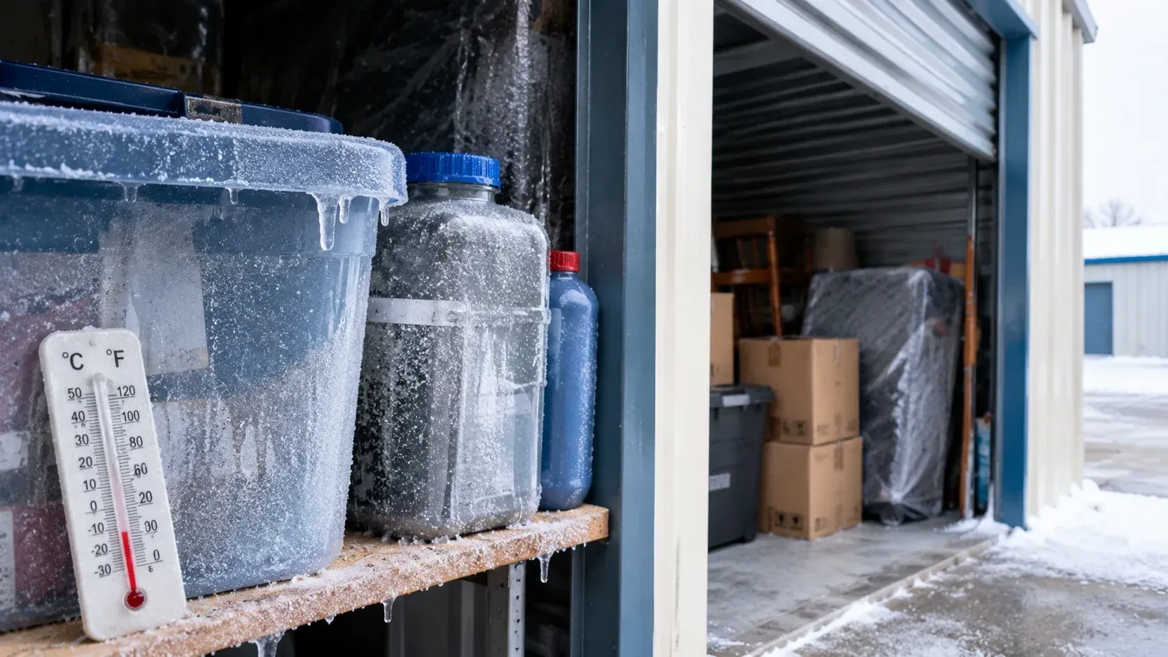A temperature gauge reading below freezing beside a frozen bottle of water, illustrating Can a Rare Hard Freeze Like Winter Storm Uri Damage Items in a Non-Climate-Controlled Storage Unit in Brazoria County? at a drive-up storage facility.