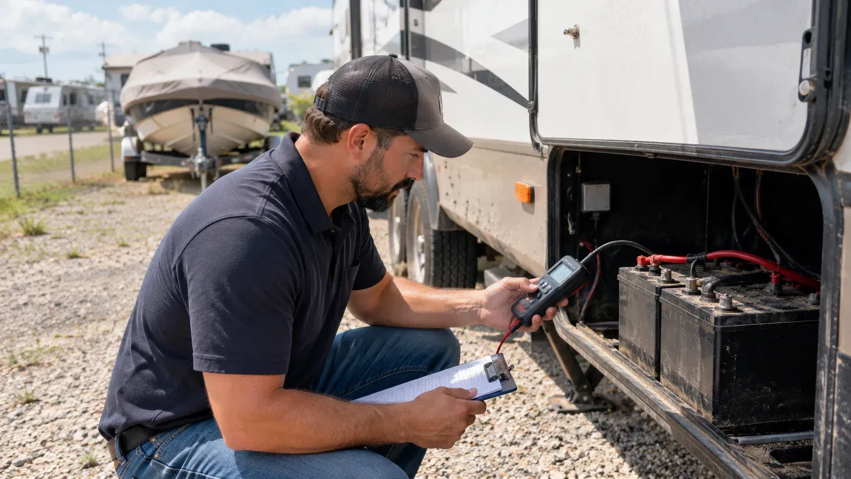 A technician checking the RV battery with a multimeter in an exterior storage compartment, illustrating topics related to What Happens to Gasoline and Batteries in a Boat or RV Left Parked for Six Months?
