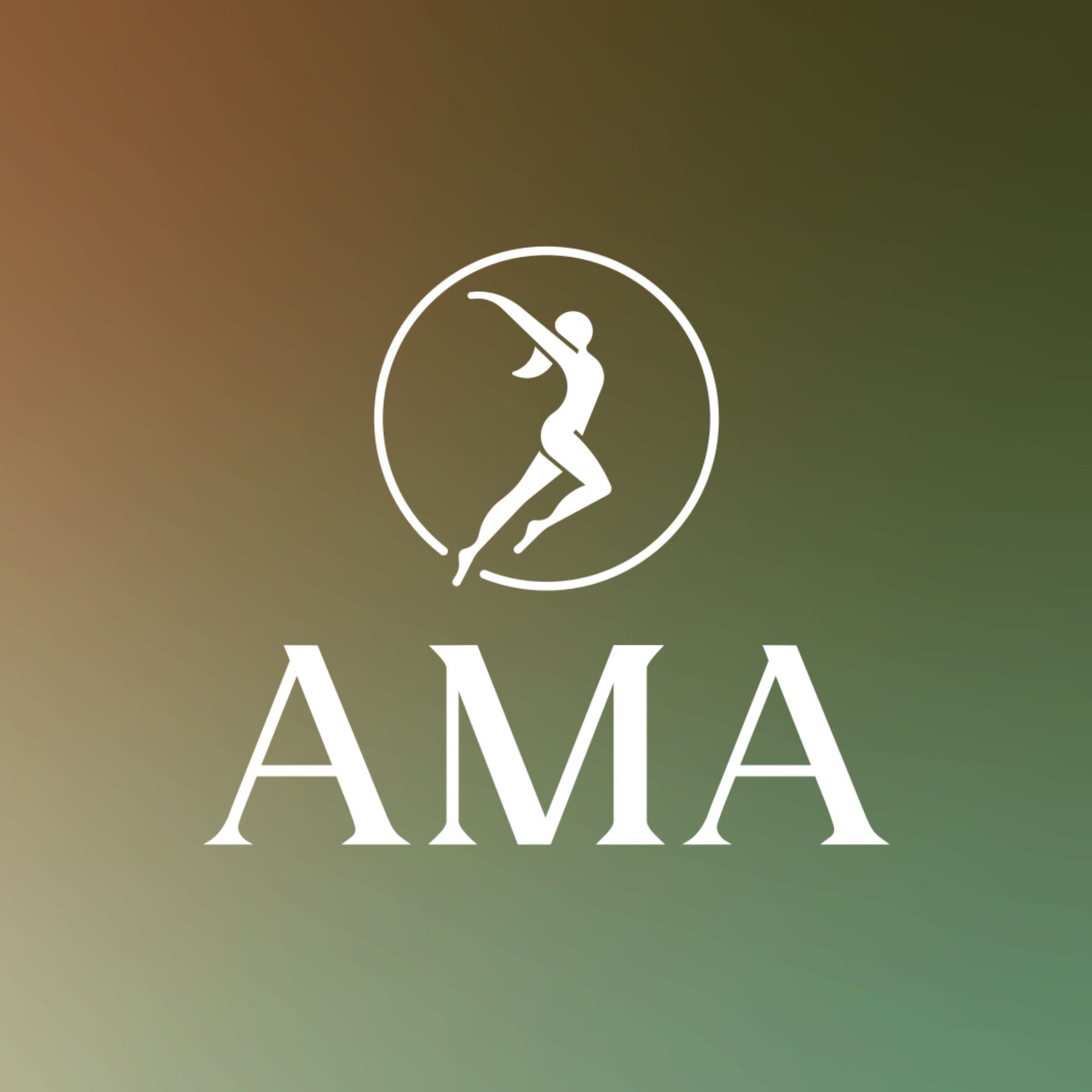 Logotipo de AMA con silueta blanca de una persona saltando dentro de un círculo, sobre el texto