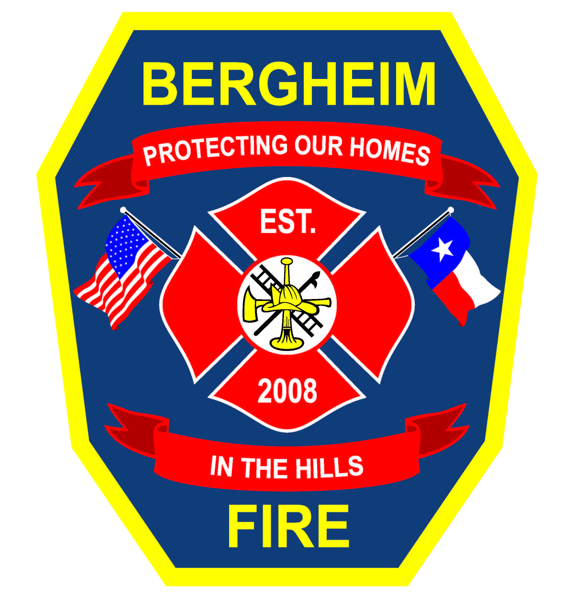 The logo for Bergheim fire department that reads protecting our homes in the hills 