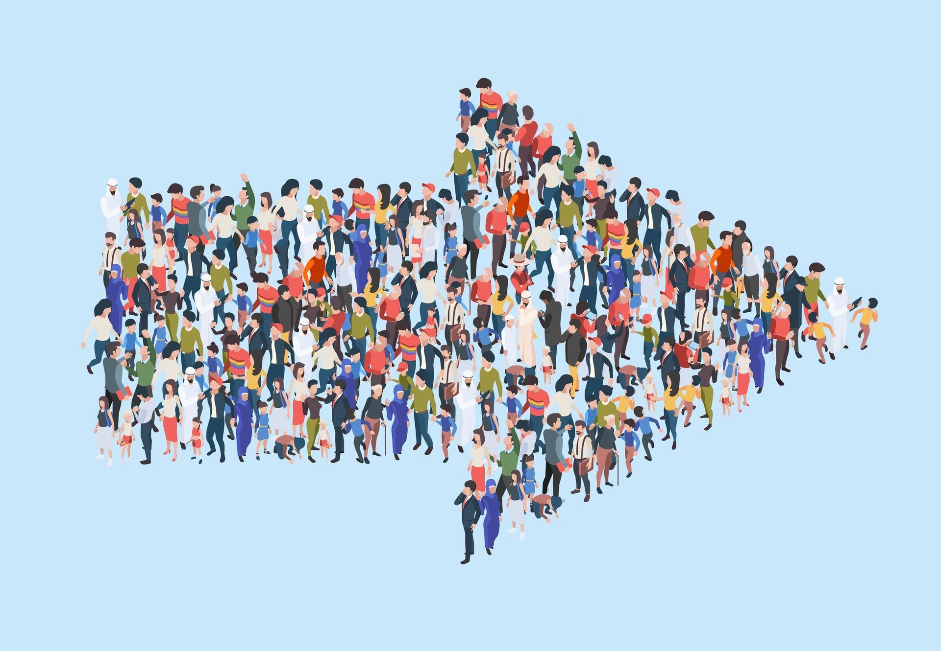 Crowd of people forming a right-pointing arrow on a light blue background