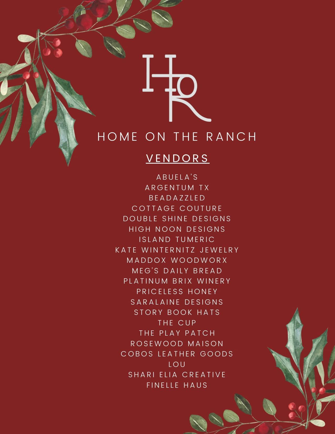 a list of vendors that presented at the holiday market