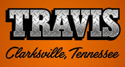 TRAVIS logo on orange background with "Clarksville, Tennessee" in script text