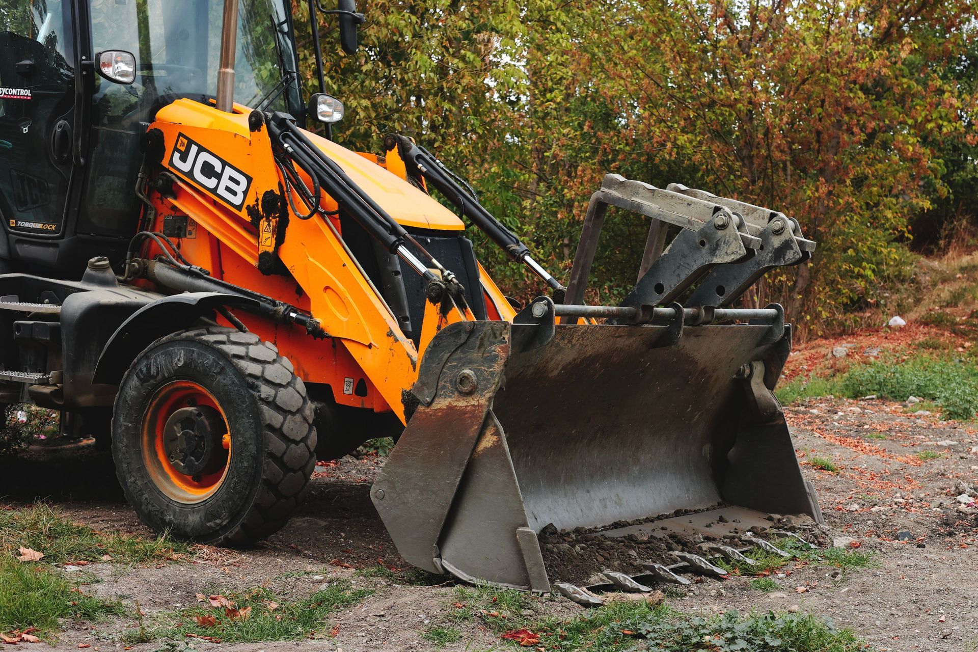 Orange JCB skid steer loader with raised bucket on a dirt path beside autumn trees
