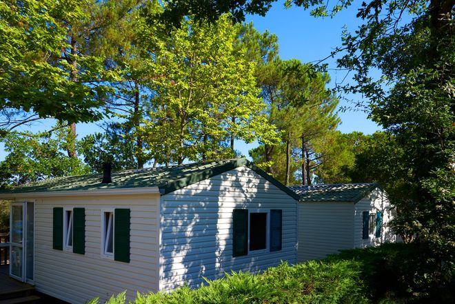 Single-story white house with green shutters surrounded by tall trees and greenery under a bright blue sky