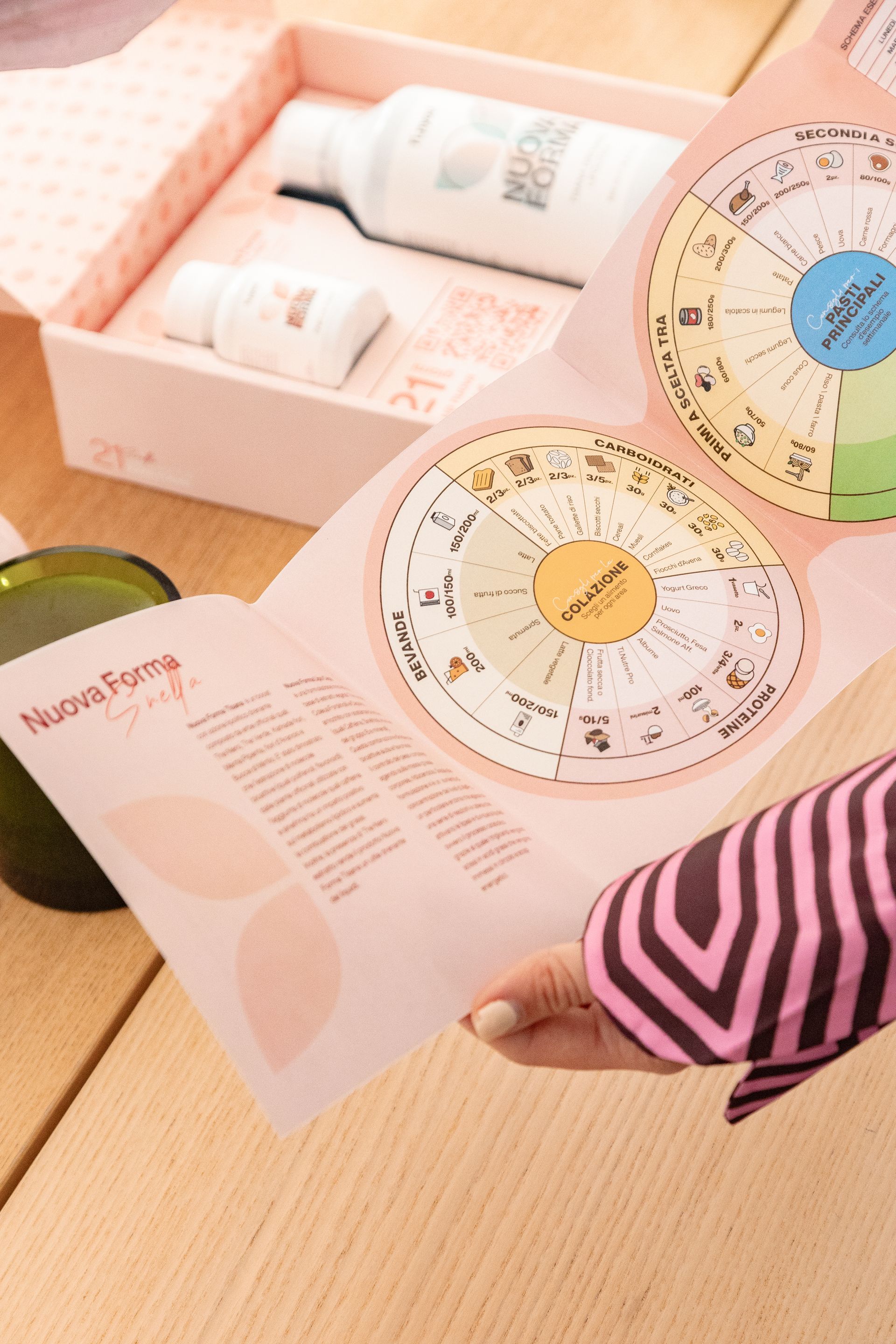 Persona che tiene in mano un libretto aperto accanto a una scatola rosa con diagrammi circolari colorati e prodotti per la cura della pelle