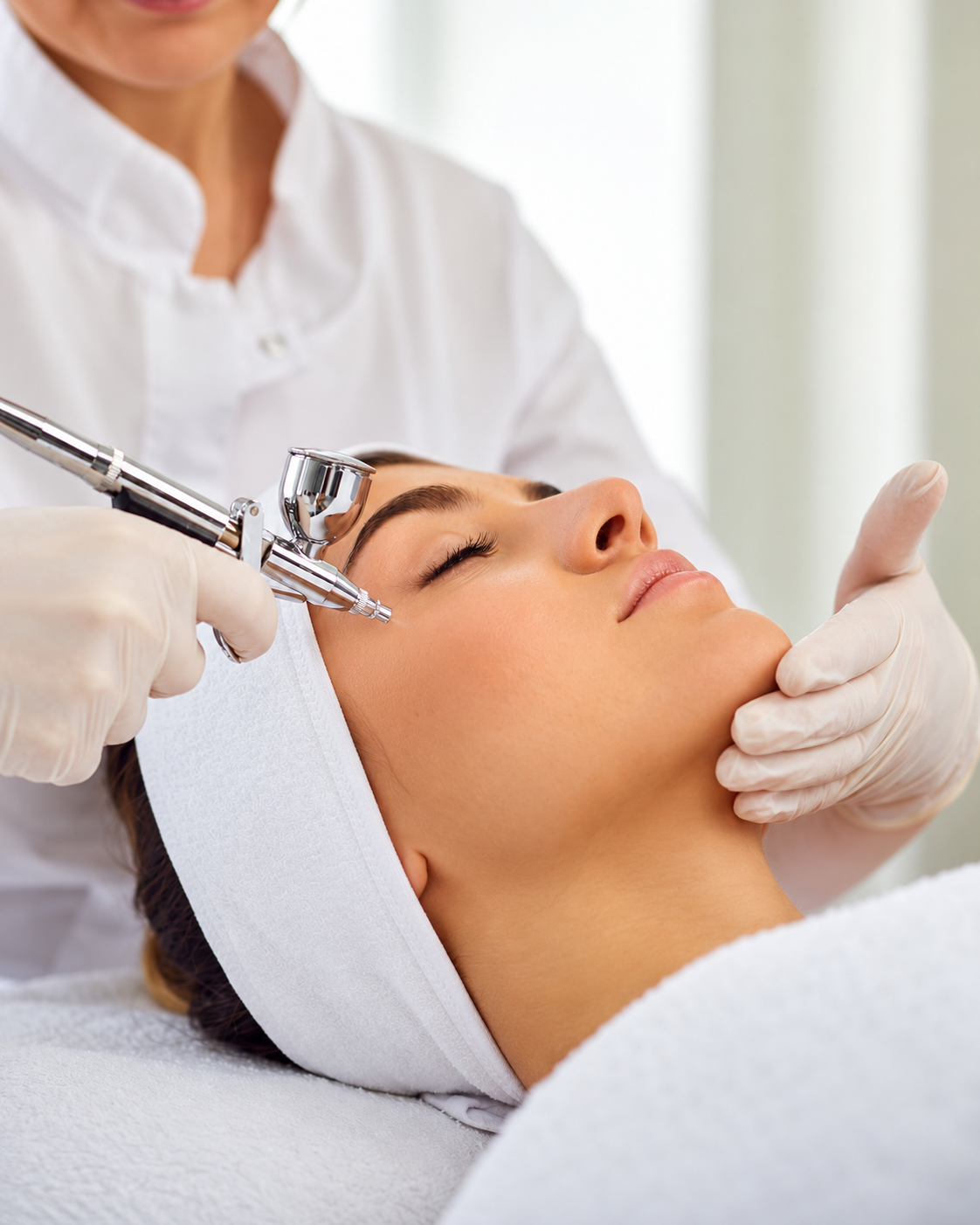 Un trattamento cosmetico per il viso con un dispositivo portatile applicato sul viso di una donna in una spa