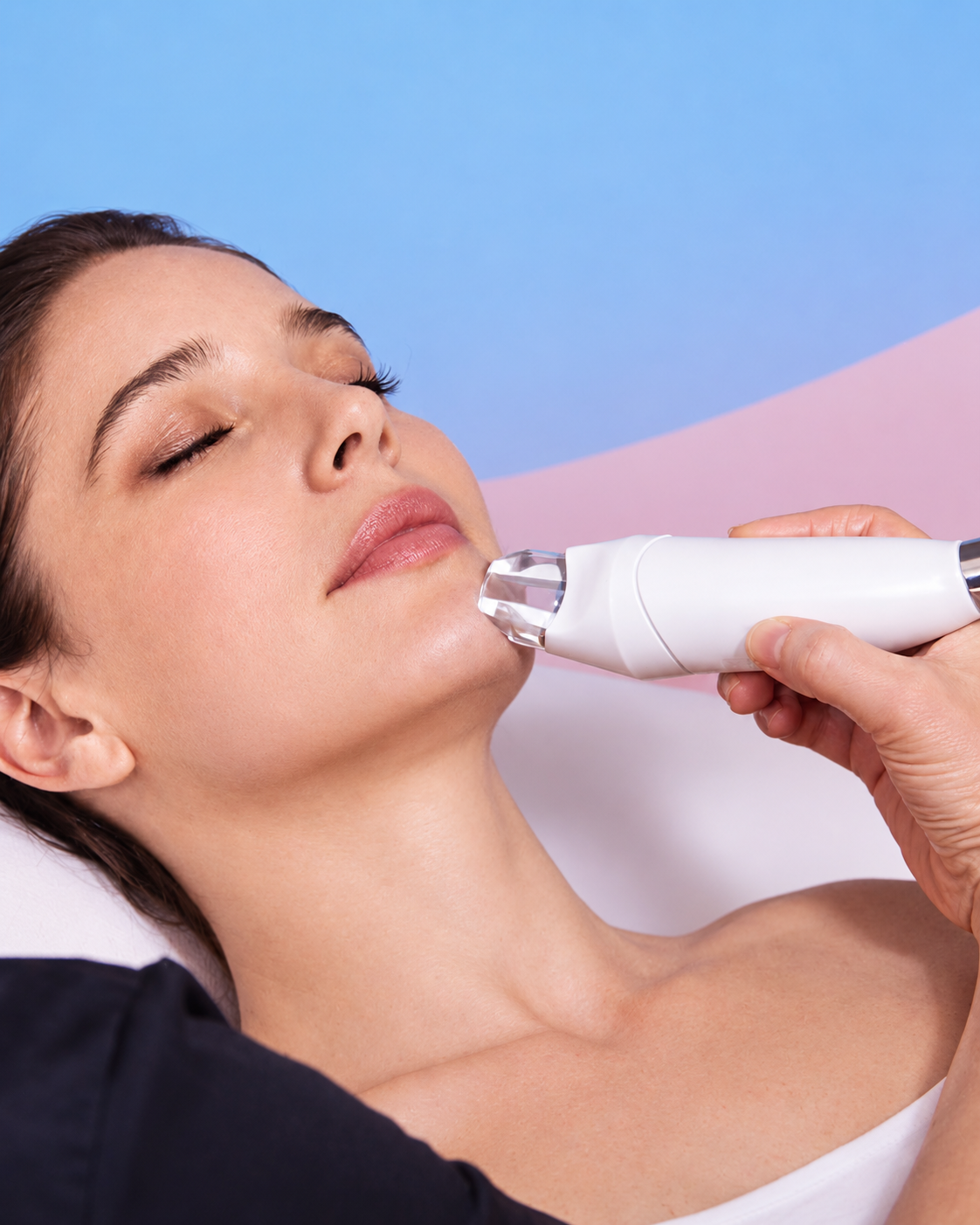 Donna che riceve un trattamento viso con un dispositivo portatile, su uno sfondo rosa pastello e blu