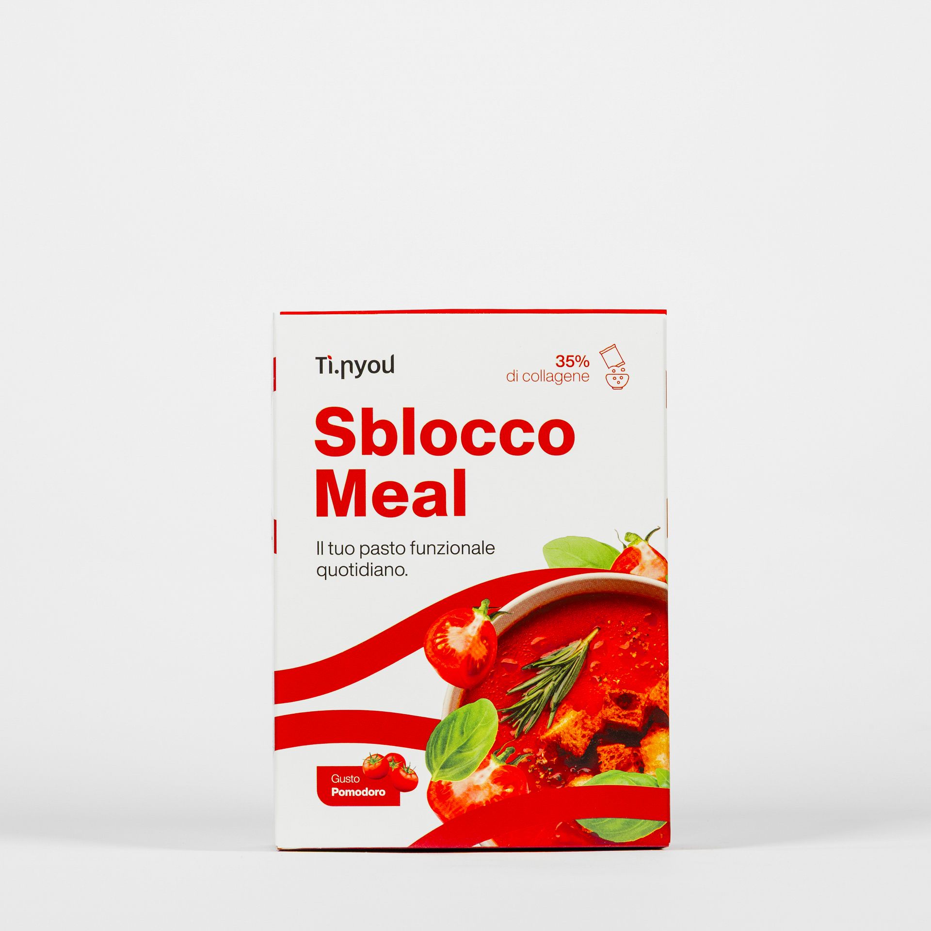 Confezione del prodotto Sblocco Meal rossa e bianca con illustrazione di un piatto di pasta al pomodoro e basilico