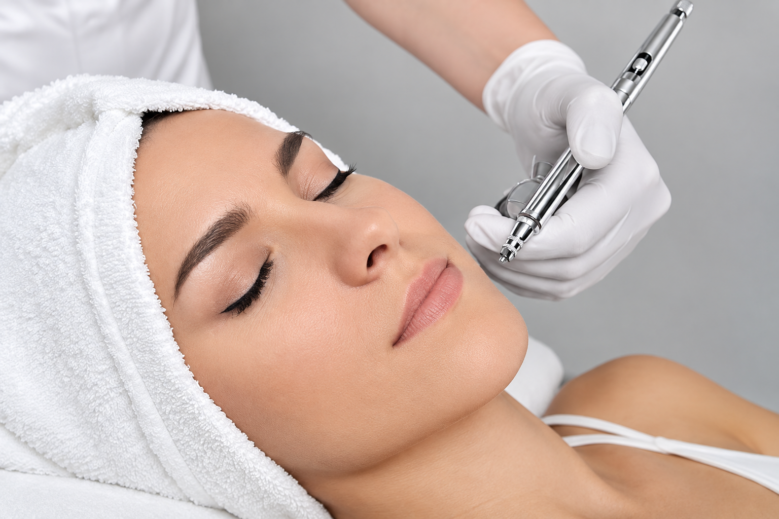 Una donna riceve un trattamento viso con un dispositivo portatile mentre è sdraiata su un lettino da spa.