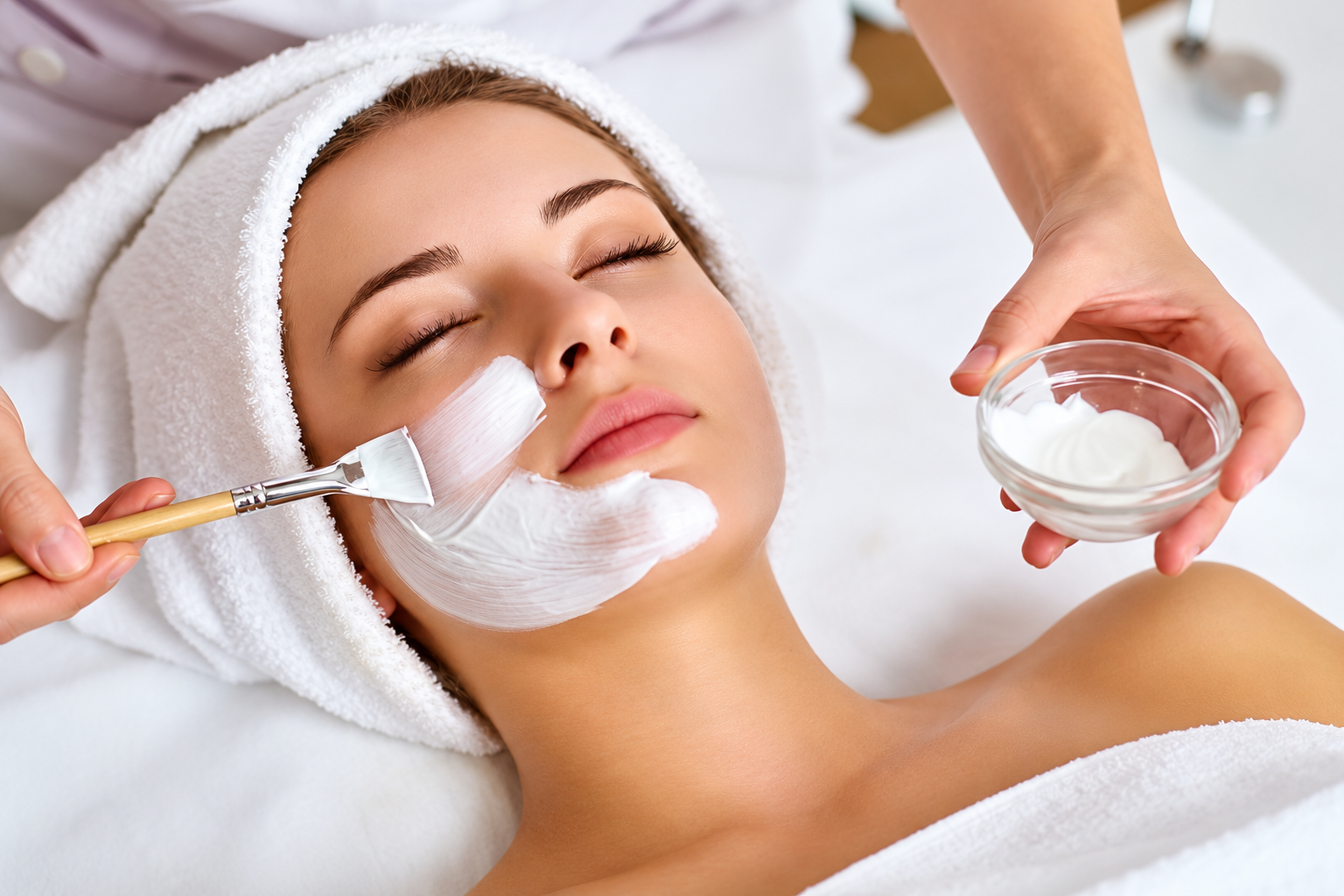 Donna distesa su un lettino da spa mentre le viene applicata una maschera viso bianca con un pennello