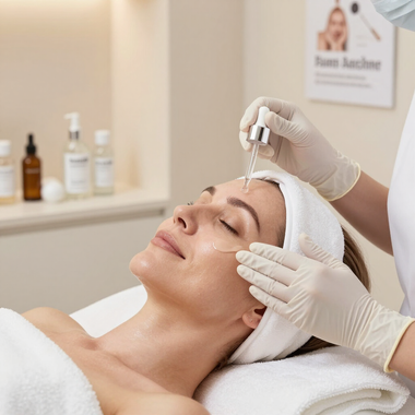 Trattamento di bellezza con applicazione di siero sul viso di una donna, effettuata con mani guantate, in un ambiente spa.