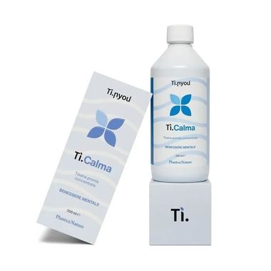 Confezione del prodotto Ti.Calma: flacone e scatola bianchi con logo blu su sfondo bianco.