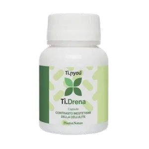 Flacone bianco di integratore alimentare Ti.Drena con etichetta verde e tappo bianco.