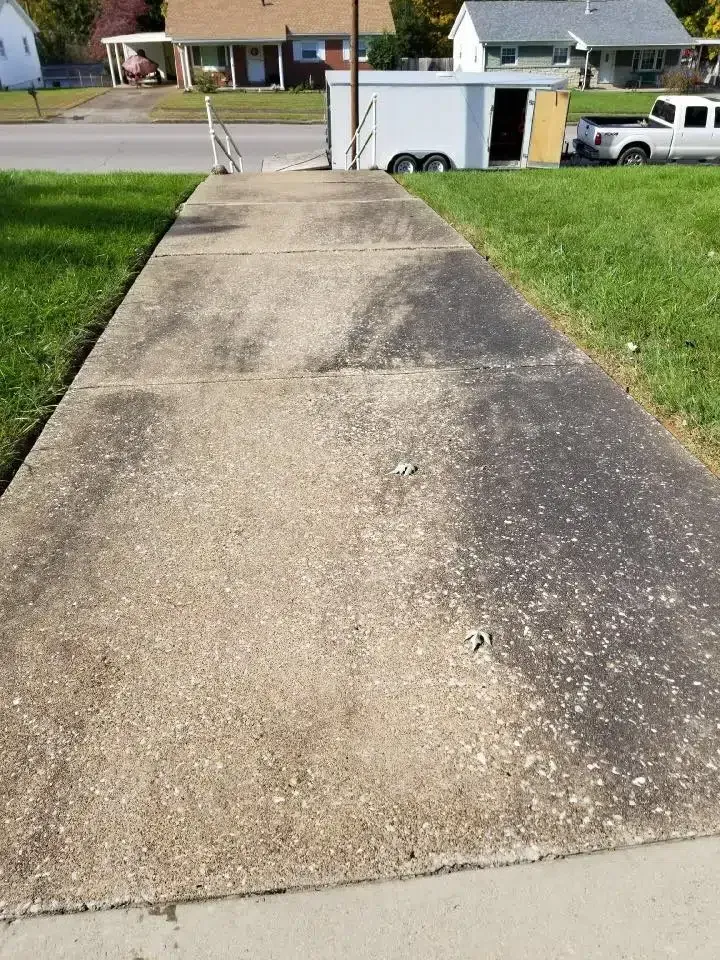 A concrete walkway, partially cleaned, shows the difference between dirty and bright surfaces.