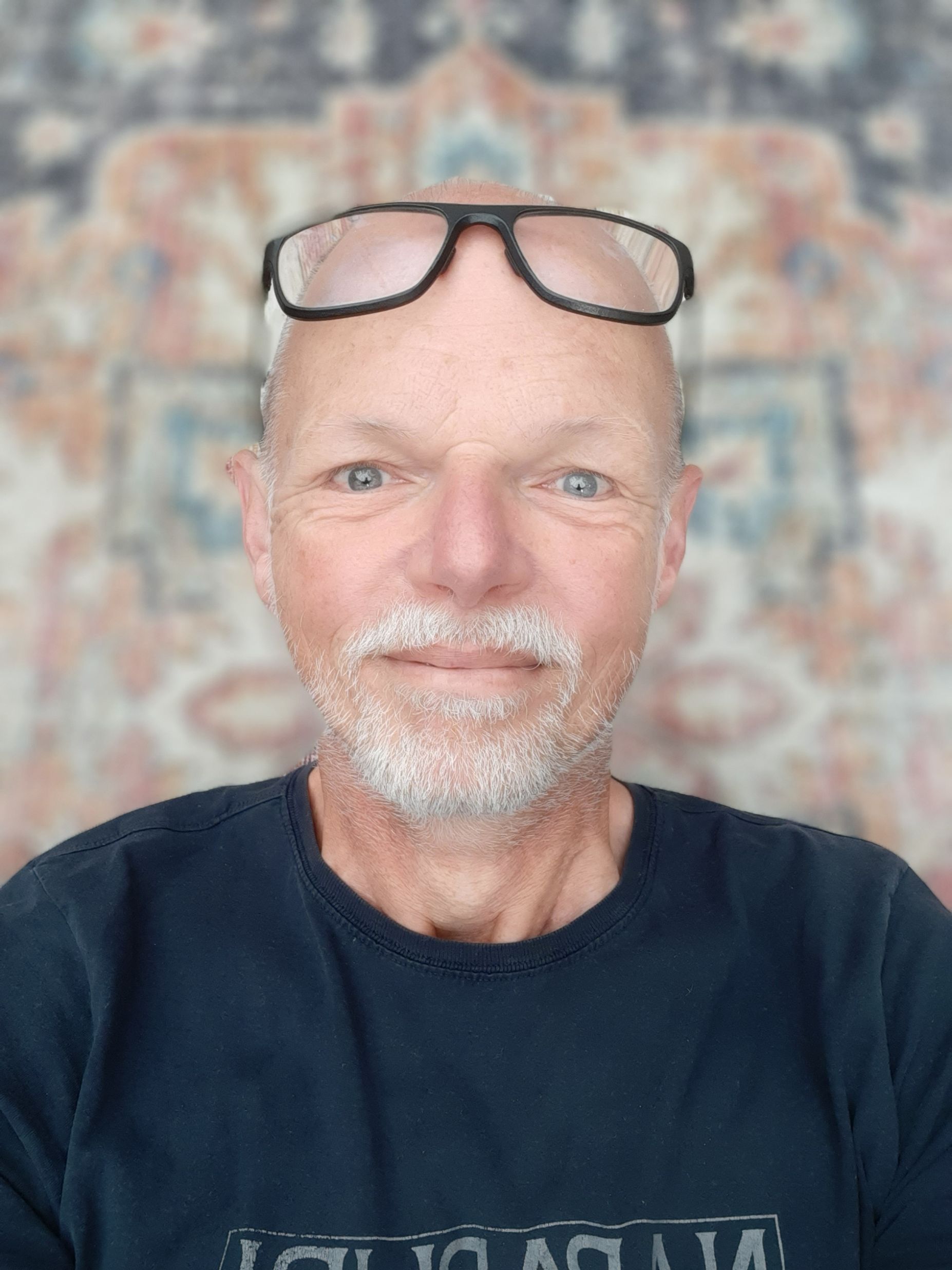 Walter met bril, grijze baard en blauw shirt, wazige patroonachtergrond.