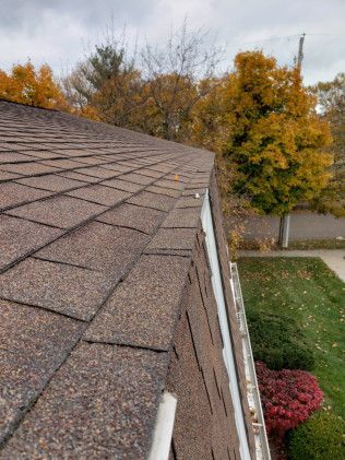 A close up of a roof with a gutter on it and trees in the background.