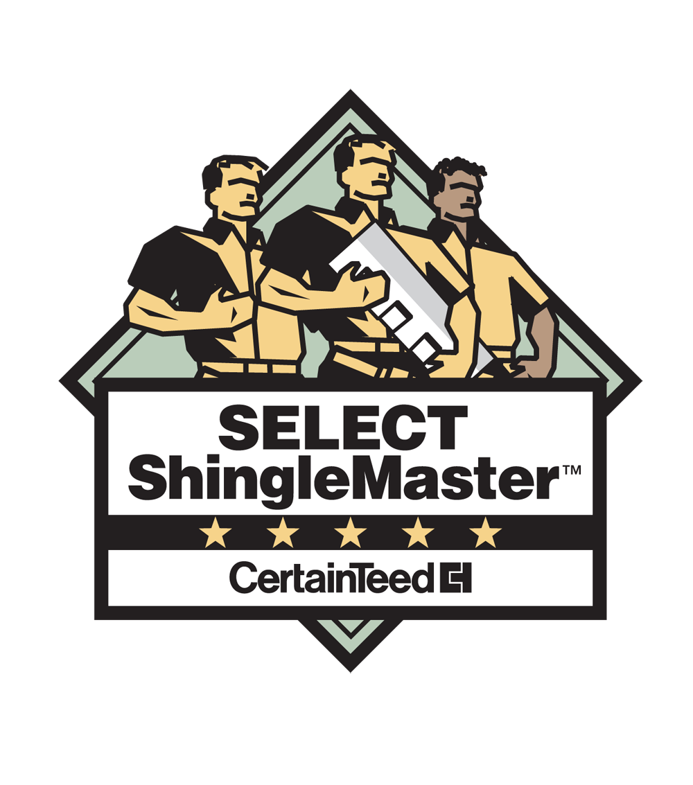 The logo for select shinglemaster shows three men standing next to each other.